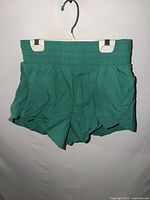 Front view of green athletic shorts hanging on hanger
