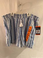 Front view of Briggs blue & white striped shorts showing elastic waistband and tassel drawstring