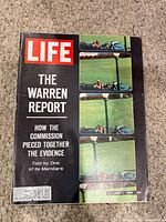 Front cover showing Life logo, The Warren Report headline, sequential photos from Kennedy motorcade