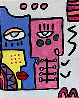 Full view of abstract painting showing colours and design