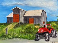 Full view of painting showing barn and tractor scene