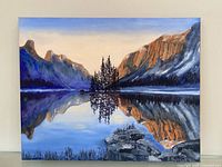 Full view of signed acrylic mountain lake landscape painting