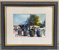 Full view of framed painting showing mat, frame and artwork