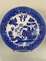 Front view of the 9-inch Blue Willow patterned plate on stand