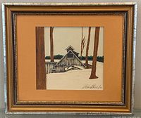 Full view of framed painting showing artwork, mat and frame