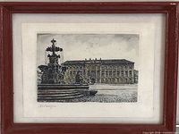 Close view of engraving showing building and fountain