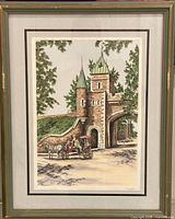 Full view of framed painting showing scene, frame, mat