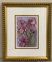 Full view of framed watercolour painting with double mat and gold frame