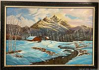 Full view of framed winter landscape oil painting