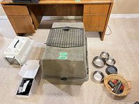 Large Petmate kennel, small carrier, stainless bowls, grooming tools and clipper box