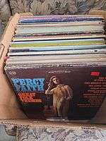 Box of LP records, Percy Faith album visible