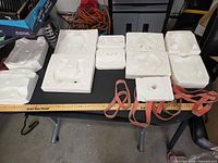 All ten plaster molds laid out on table with ruler for scale
