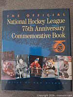 Front cover of NHL 75th Anniversary Commemorative Book showing title, NHL 75 logo, player images