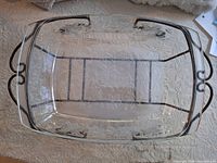 Top view of glass serving dish in metal stand