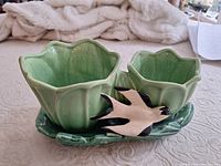 Front view showing twin green planters, leaf base, and attached black & white bird