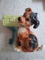 Front view of ceramic dog at mailbox planter