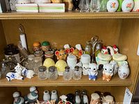 Shelf containing multiple sets of salt & pepper shakers in glass, ceramic and plastic