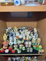 Full shelf view showing entire assortment of salt and pepper shakers arranged in rows