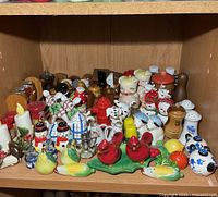 Wide view of shelf packed with assorted salt and pepper shakers