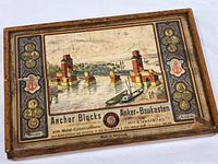 Top view of wooden box showing full lithographed label and dimensions context