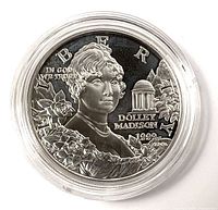 Obverse of 1999 Dolly Madison proof silver dollar in capsule