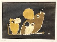 Close-up of batik print showing three stylized mice