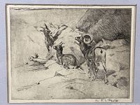 full view of framed etching showing subject and frame