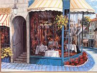 Full close view of artwork showing bistro scene