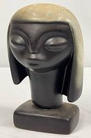 Front view of ceramic bust showing facial features and pedestal base