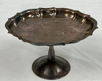 Oblique view of silverplate pedestal nut dish