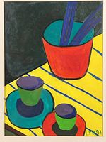 close-up of painting showing red bowl, cups, bright yellow table