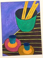 Unframed view of painting showing composition and colors