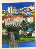 Full view of painting showing hillside homes scene