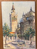 Unframed close-up of painting showing Giralda tower, cathedral, fountain, signature