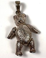 Front view of sterling silver teddy bear pendant showing textured detail and bail