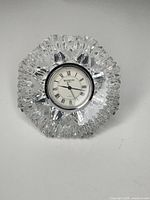 Front view of Waterford crystal desk clock showing dial