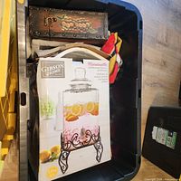 Boxed Gibson Home dispenser, blankets and painted box inside tote