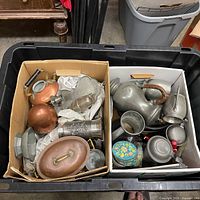 Overall view of tote with two boxes of mixed pewter and copper items