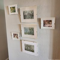 Six framed prints arranged on wall