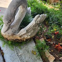 Side view of concrete swan planter showing weathered lower body and feather detail