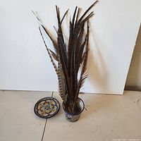 Pheasant feathers in ceramic planter with matching ceramic dish