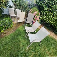 Six outdoor sling chairs on lawn showing overall design and count