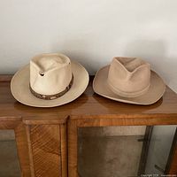 Two hats on cabinet: felt cowboy hat and straw fedora