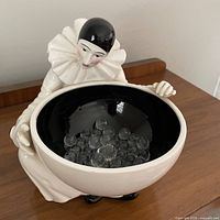 Front view of ceramic Pierrot clown candy dish