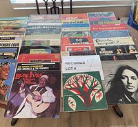 Tabletop view of roughly 28 LP records with visible covers