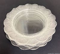 Stacked view showing frosted leaf rim and clear center of plates