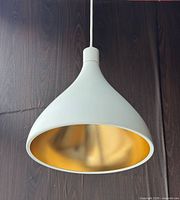 Pendant light front view showing matte white exterior and brass interior