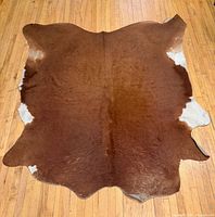 Full view of cowhide rug showing overall coloration and size