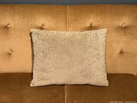 Front view of beige chenille cushion on sofa