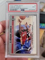 Front of PSA-slabbed LeBron James Upper Deck rookie card